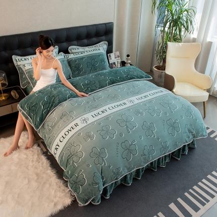 2024印花8.5斤牛奶绒金貂水晶法莱珊瑚绒四件套床裙款 四叶草-绿