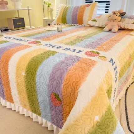 91家纺网 家纺一手货源 找家纺 梵朴 2023年新款牛奶绒夹棉床盖 蜜桃彩虹