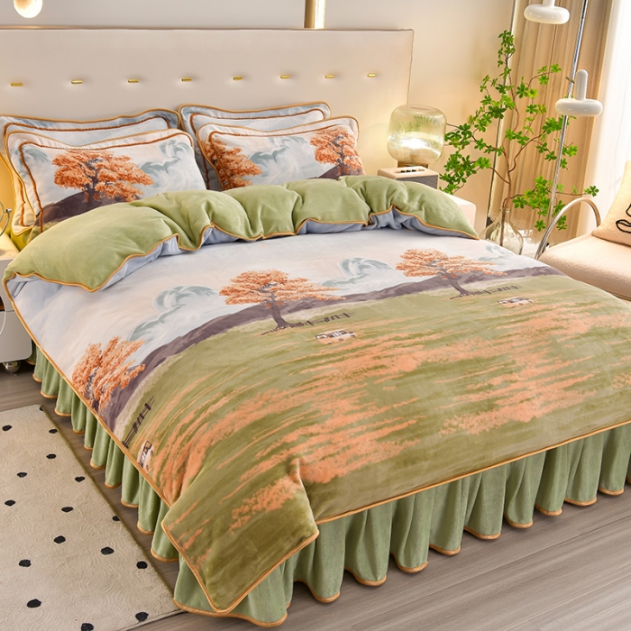 91家纺网 家纺一手货源 找家纺 新款A类8.5到9斤印花牛奶绒金貂绒床裙款保暖绒四件套秋意浓浓-床裙款