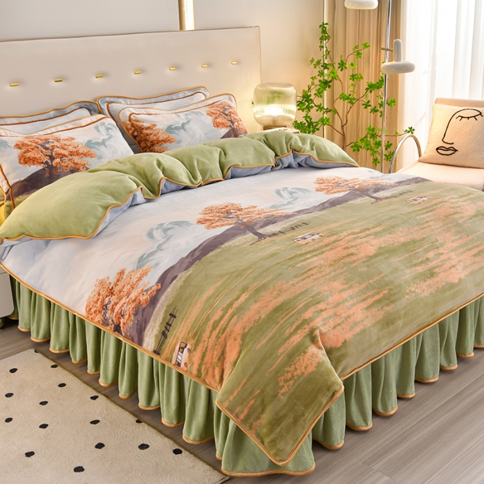 91家纺网 家纺一手货源 找家纺 新款A类8.5到9斤印花牛奶绒金貂绒床裙款保暖绒四件套秋意浓浓-床裙款