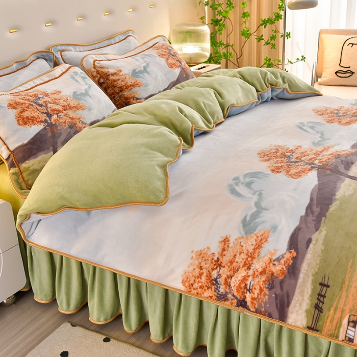 91家纺网 家纺一手货源 找家纺 新款A类8.5到9斤印花牛奶绒金貂绒床裙款保暖绒四件套秋意浓浓-床裙款