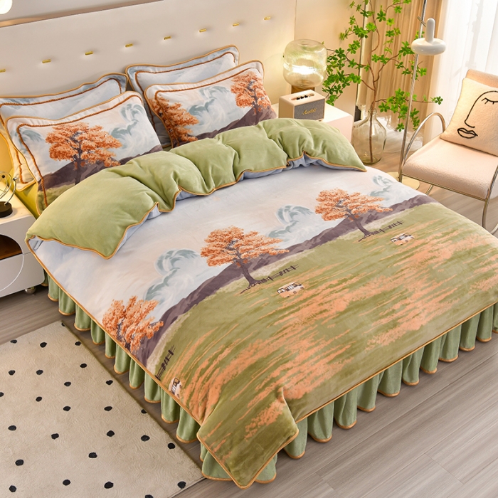 91家纺网 家纺一手货源 找家纺 新款A类8.5到9斤印花牛奶绒金貂绒床裙款保暖绒四件套秋意浓浓-床裙款