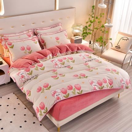 91家纺网 家纺一手货源 找家纺 新款A类8.5到9斤印花牛奶绒金貂绒床裙款保暖绒四件套 花间兔-床笠款