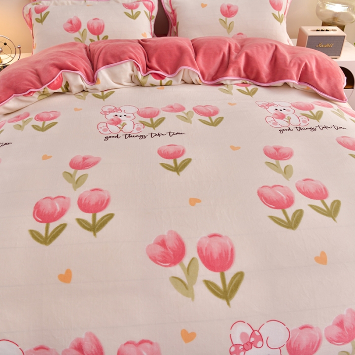 91家纺网 家纺一手货源 找家纺 新款A类8.5到9斤印花牛奶绒金貂绒床裙款保暖绒四件套 花间兔-床笠款