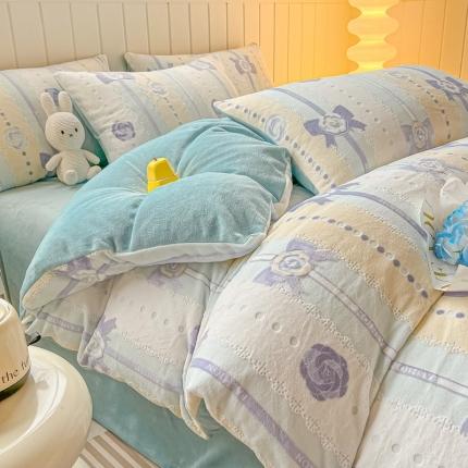 91家纺网 家纺一手货源 找家纺 二八年华 2023新款全消光高克重双色雕花四件套 暗香-湖蓝