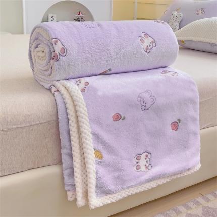 91家纺网 家纺一手货源 找家纺 锦威郎 2023新款毛毯床单保暖加厚珊瑚绒双面午睡毯云朵绒多功能毛毯 小兔紫