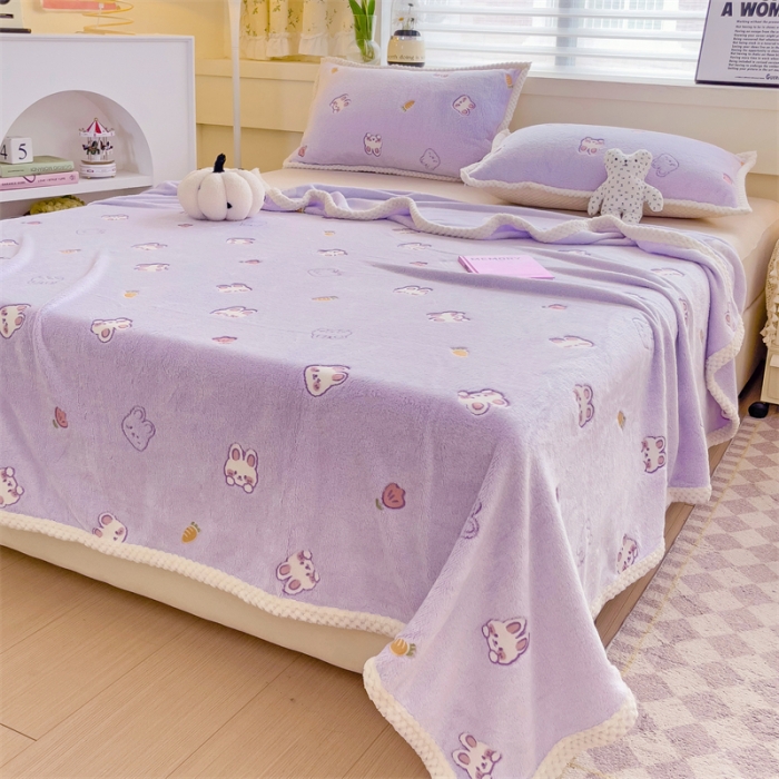 91家纺网 家纺一手货源 找家纺 锦威郎 2023新款毛毯床单保暖加厚珊瑚绒双面午睡毯云朵绒多功能毛毯 小兔紫