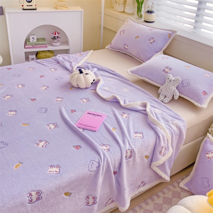 91家纺网 家纺一手货源 找家纺 锦威郎 2023新款毛毯床单保暖加厚珊瑚绒双面午睡毯云朵绒多功能毛毯 小兔紫