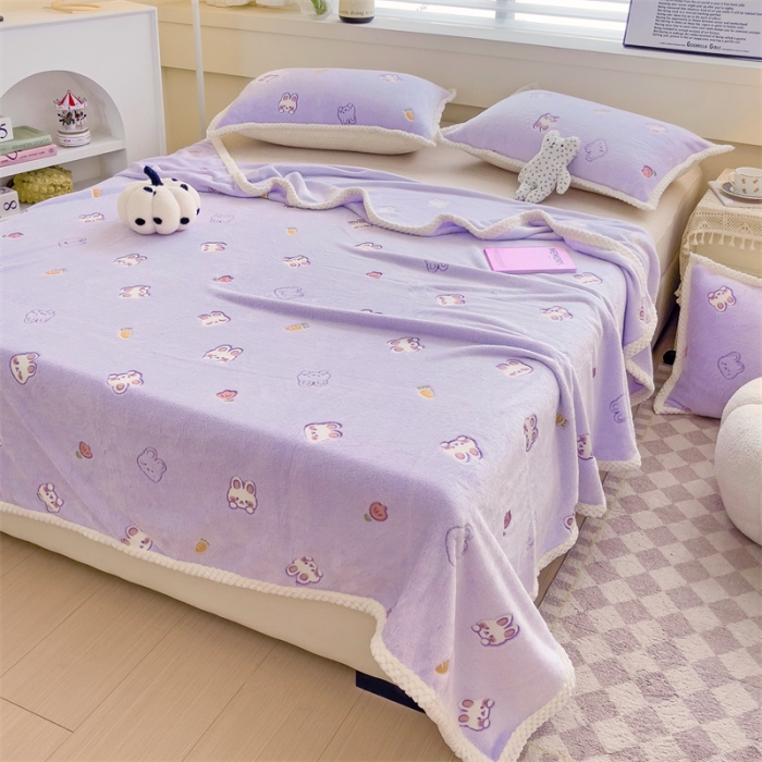 91家纺网 家纺一手货源 找家纺 锦威郎 2023新款毛毯床单保暖加厚珊瑚绒双面午睡毯云朵绒多功能毛毯 小兔紫