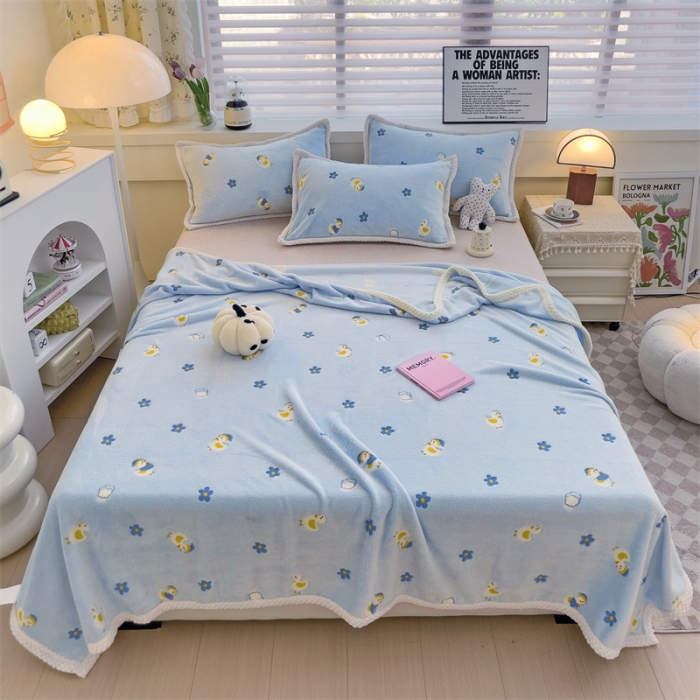 91家纺网 家纺一手货源 找家纺 锦威郎 2023新款毛毯床单保暖加厚珊瑚绒双面午睡毯云朵绒多功能毛毯 鸭子蓝