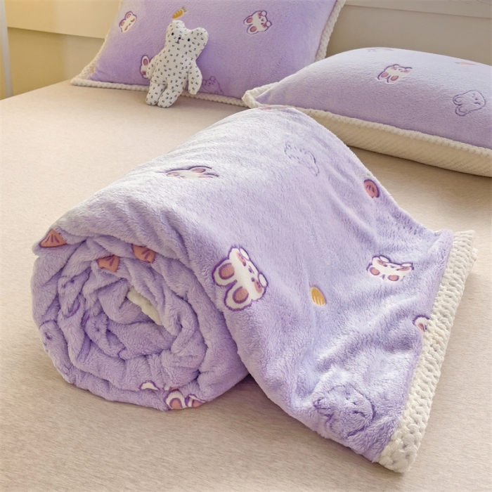 91家纺网 家纺一手货源 找家纺 锦威郎 2023新款毛毯床单保暖加厚珊瑚绒双面午睡毯云朵绒多功能毛毯 小兔紫
