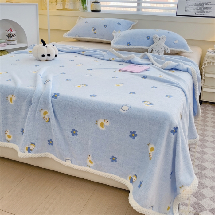 91家纺网 家纺一手货源 找家纺 锦威郎 2023新款毛毯床单保暖加厚珊瑚绒双面午睡毯云朵绒多功能毛毯 鸭子蓝