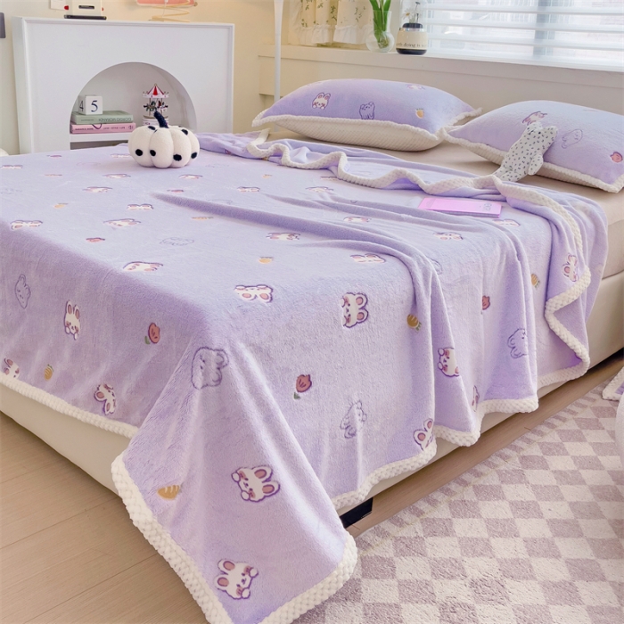 91家纺网 家纺一手货源 找家纺 锦威郎 2023新款毛毯床单保暖加厚珊瑚绒双面午睡毯云朵绒多功能毛毯 小兔紫