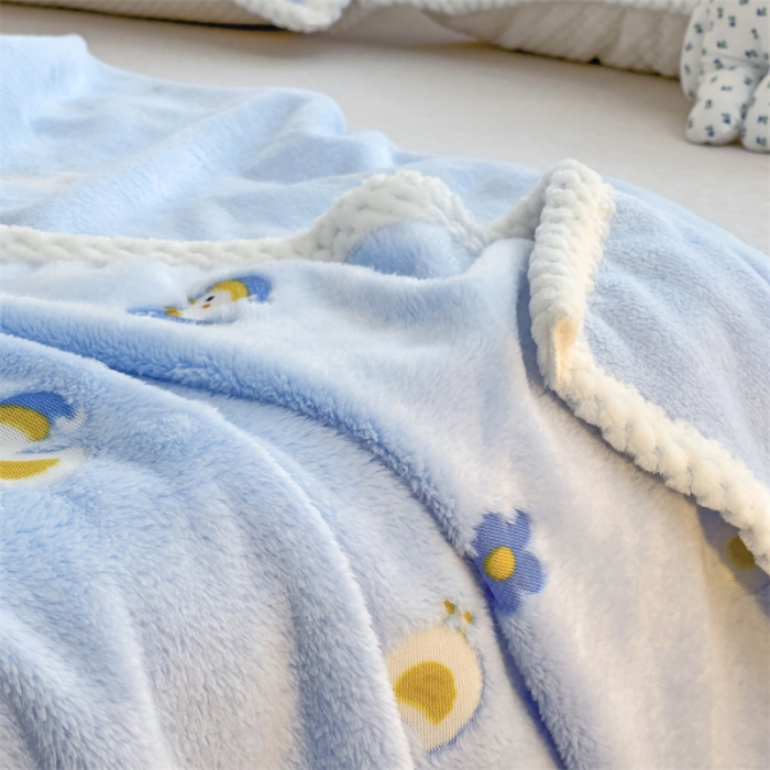 91家纺网 家纺一手货源 找家纺 锦威郎 2023新款毛毯床单保暖加厚珊瑚绒双面午睡毯云朵绒多功能毛毯 鸭子蓝