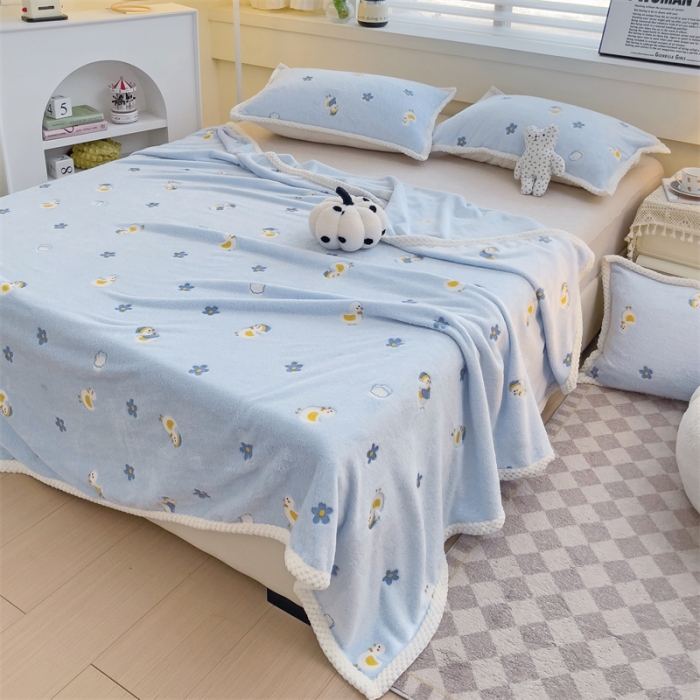 91家纺网 家纺一手货源 找家纺 锦威郎 2023新款毛毯床单保暖加厚珊瑚绒双面午睡毯云朵绒多功能毛毯 鸭子蓝