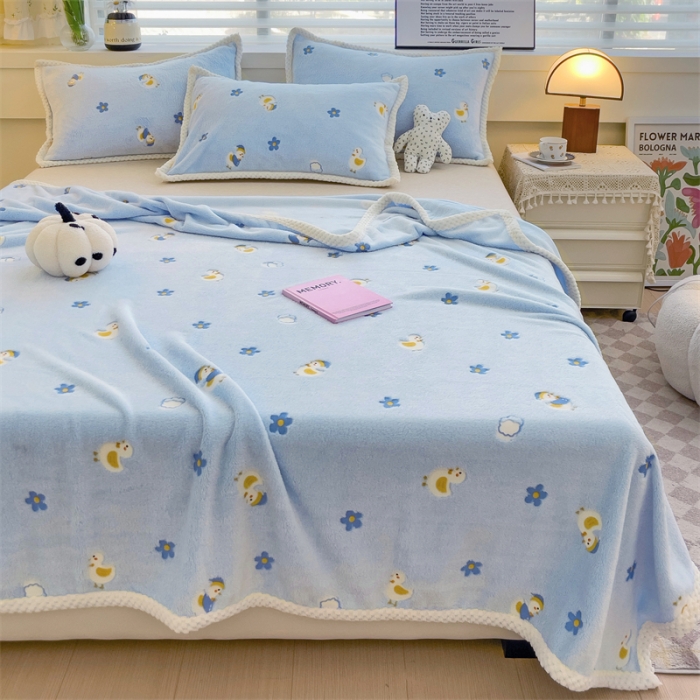 91家纺网 家纺一手货源 找家纺 锦威郎 2023新款毛毯床单保暖加厚珊瑚绒双面午睡毯云朵绒多功能毛毯 鸭子蓝