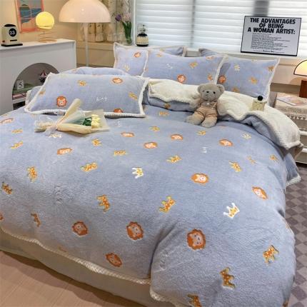 91家纺网 家纺一手货源 找家纺 锦威郎 2023新款云朵绒保暖牛奶绒毛毯绒单被套加绒加厚法莱绒四件套 狮子灰