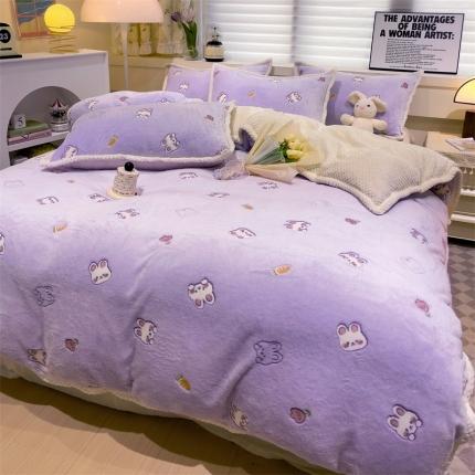 91家纺网 家纺一手货源 找家纺 锦威郎 2023新款云朵绒保暖牛奶绒毛毯绒单被套加绒加厚法莱绒四件套 小兔紫