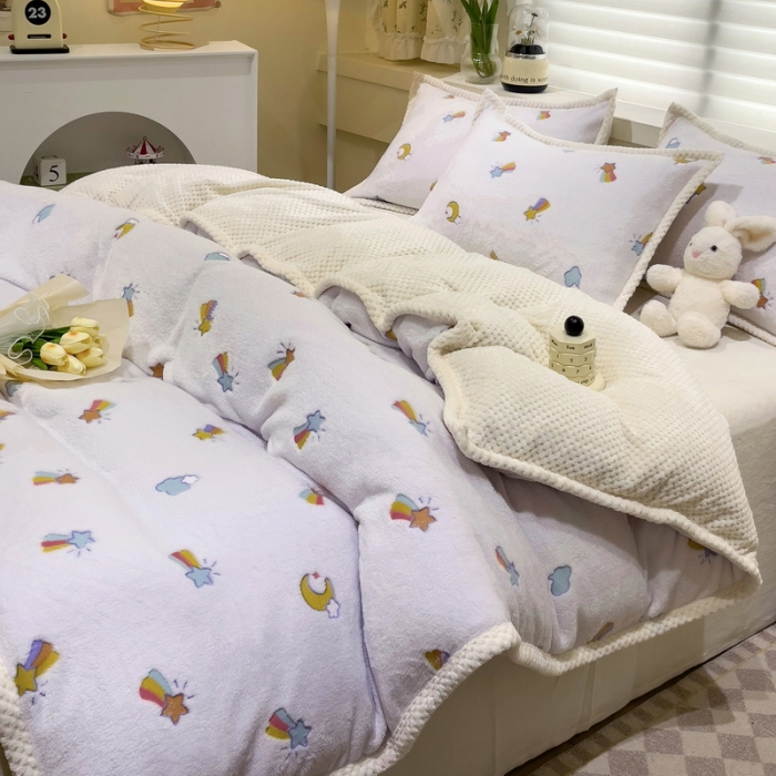 91家纺网 家纺一手货源 找家纺 总锦威郎 2023新款云朵绒保暖牛奶绒毛毯绒单被套加绒加厚法莱绒四件套