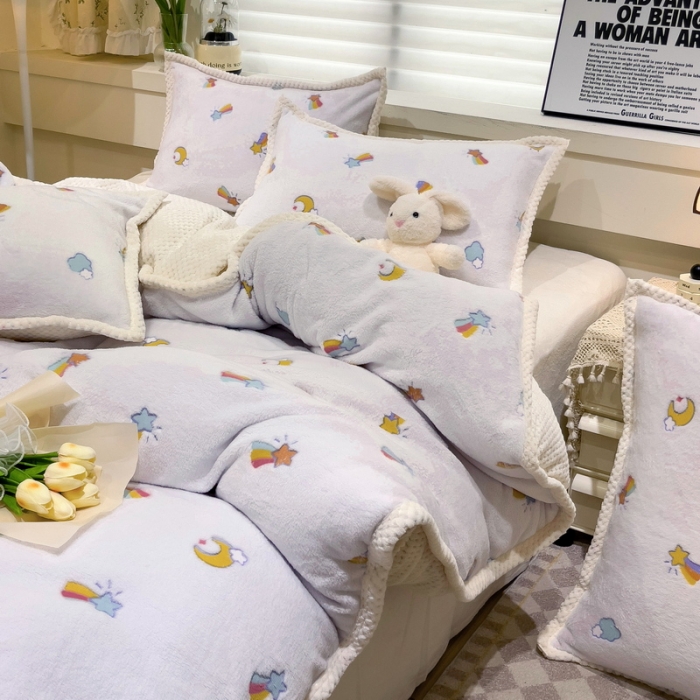 91家纺网 家纺一手货源 找家纺 总锦威郎 2023新款云朵绒保暖牛奶绒毛毯绒单被套加绒加厚法莱绒四件套