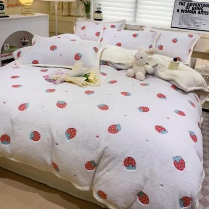 锦威郎 2023新款云朵绒保暖牛奶绒毛毯绒单被套加绒加厚法莱绒四件套 草莓白