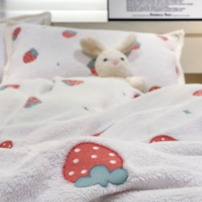 91家纺网 家纺一手货源 找家纺 锦威郎 2023新款云朵绒保暖牛奶绒毛毯绒单被套加绒加厚法莱绒四件套 草莓白