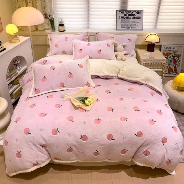 91家纺网 家纺一手货源 找家纺 锦威郎 2023新款云朵绒保暖牛奶绒毛毯绒单被套加绒加厚法莱绒四件套 蜜桃粉