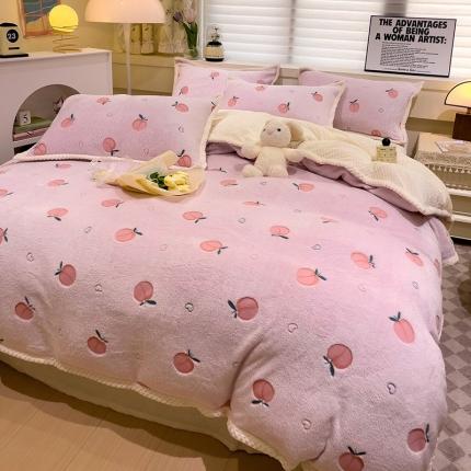 锦威郎 2023新款云朵绒保暖牛奶绒毛毯绒单被套加绒加厚法莱绒四件套 蜜桃粉