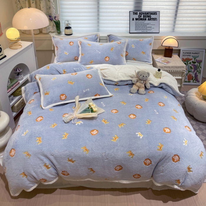 91家纺网 家纺一手货源 找家纺 锦威郎 2023新款云朵绒保暖牛奶绒毛毯绒单被套加绒加厚法莱绒四件套 狮子灰