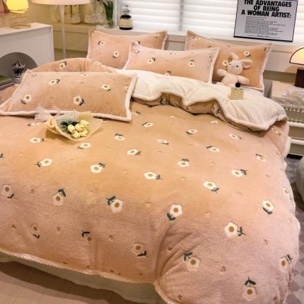 锦威郎 2023新款云朵绒保暖牛奶绒毛毯绒单被套加绒加厚法莱绒四件套 小花黄