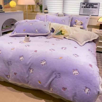 锦威郎 2023新款云朵绒保暖牛奶绒毛毯绒单被套加绒加厚法莱绒四件套 小兔紫