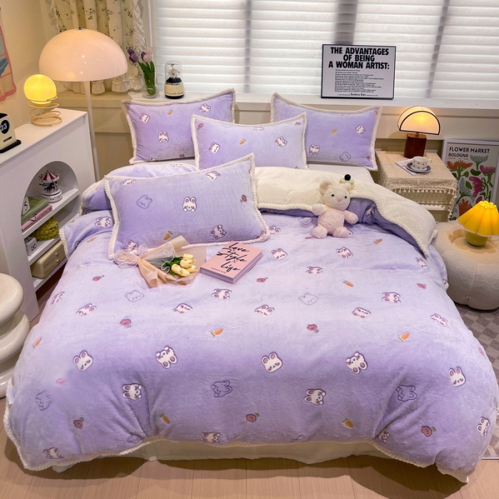 91家纺网 家纺一手货源 找家纺 锦威郎 2023新款云朵绒保暖牛奶绒毛毯绒单被套加绒加厚法莱绒四件套 小兔紫