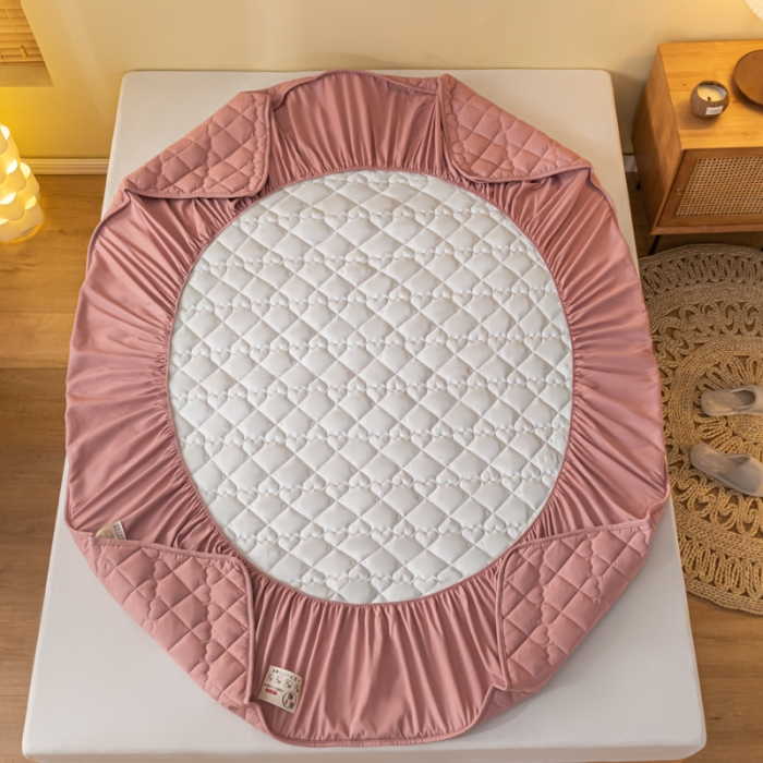 91家纺网 家纺一手货源 找家纺 笠裙 2024新款床笠A类原棉床罩夹棉抗菌床床罩床垫保护套 豆沙爱心款