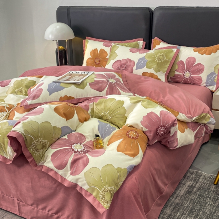 91家纺网 家纺一手货源 找家纺 仟网汇 2023新款纯棉磨毛加厚喷气印花拼角四件套 半月时光