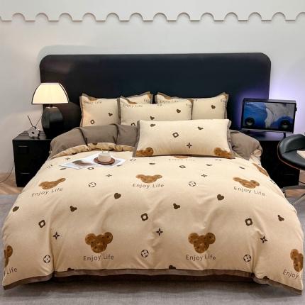 仟网汇 2023新款纯棉磨毛加厚喷气印花拼角四件套 登威熊