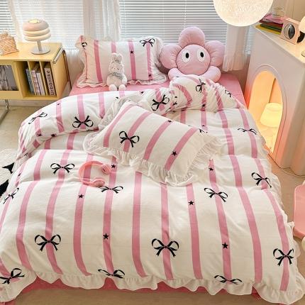 91家纺网 家纺一手货源 找家纺 昔可 2023新款韩系ins花边款牛奶绒四件套 粉条星星蝴蝶结