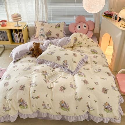 91家纺网 家纺一手货源 找家纺 昔可 2023新款韩系ins花边款牛奶绒四件套 熊熊花园