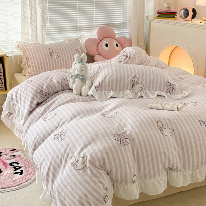 91家纺网 家纺一手货源 找家纺 昔可 2023新款韩系ins花边款牛奶绒四件套 芭蕾天鹅