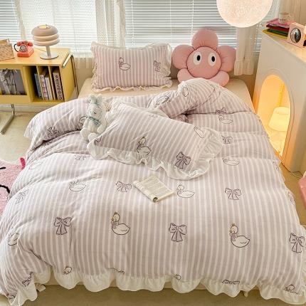 昔可 2023新款韩系ins花边款牛奶绒四件套 芭蕾天鹅