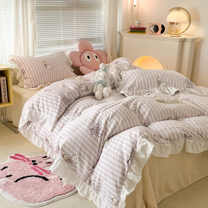 91家纺网 家纺一手货源 找家纺 昔可 2023新款韩系ins花边款牛奶绒四件套 芭蕾天鹅