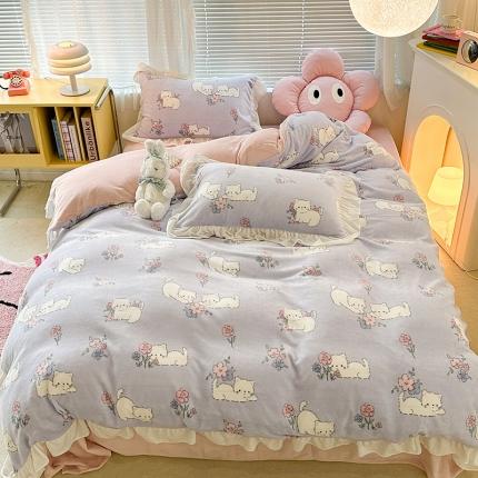 昔可 2023新款韩系ins花边款牛奶绒四件套 花花小猫咪