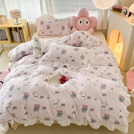 昔可 2023新款韩系ins花边款牛奶绒四件套 萌萌粉底郁金香兔