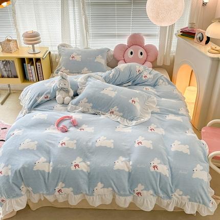 昔可 2023新款韩系ins花边款牛奶绒四件套 丝带小兔蓝