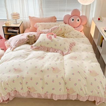 昔可 2023新款韩系ins花边款牛奶绒四件套 天鹅玫瑰