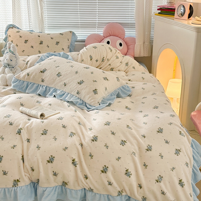 91家纺网 家纺一手货源 找家纺 昔可 2023新款韩系ins花边款牛奶绒四件套 西西里碎花