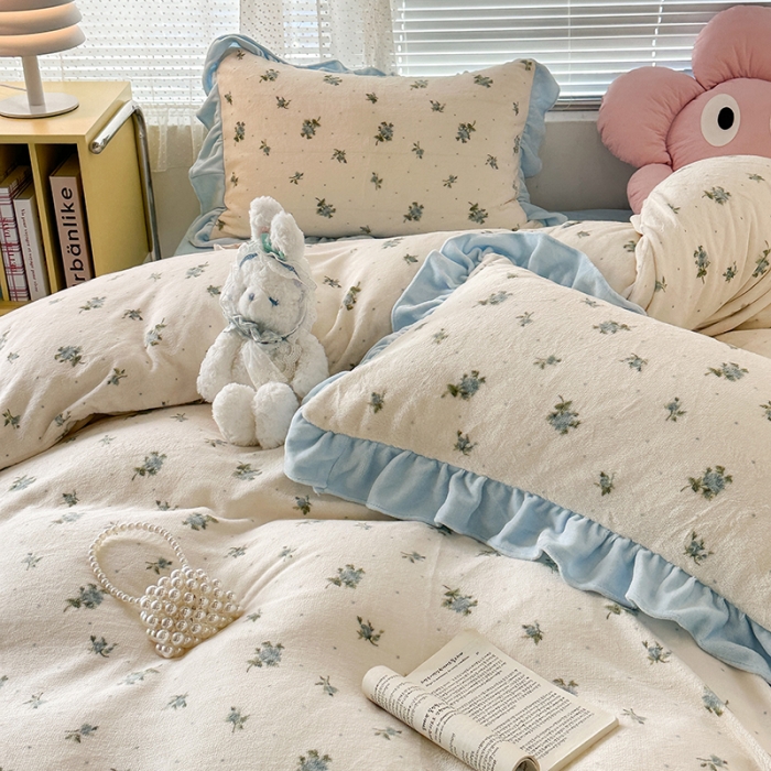 91家纺网 家纺一手货源 找家纺 昔可 2023新款韩系ins花边款牛奶绒四件套 西西里碎花