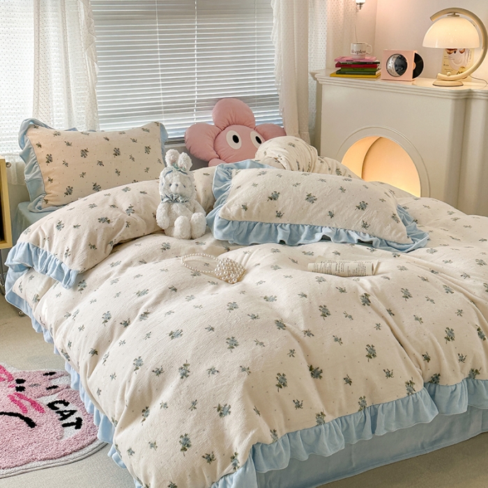 91家纺网 家纺一手货源 找家纺 昔可 2023新款韩系ins花边款牛奶绒四件套 西西里碎花