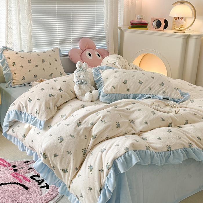 91家纺网 家纺一手货源 找家纺 昔可 2023新款韩系ins花边款牛奶绒四件套 西西里碎花