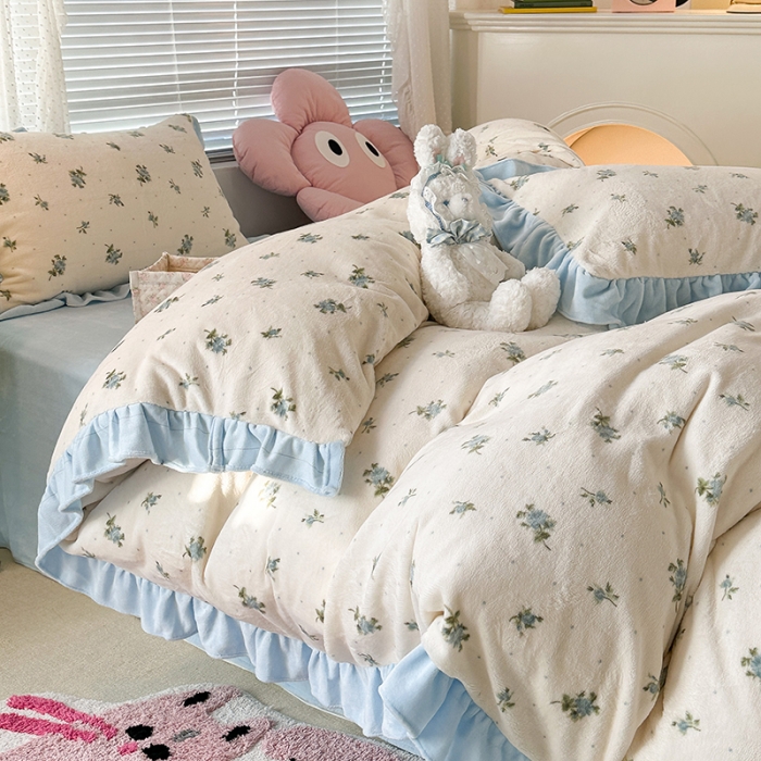 91家纺网 家纺一手货源 找家纺 昔可 2023新款韩系ins花边款牛奶绒四件套 西西里碎花