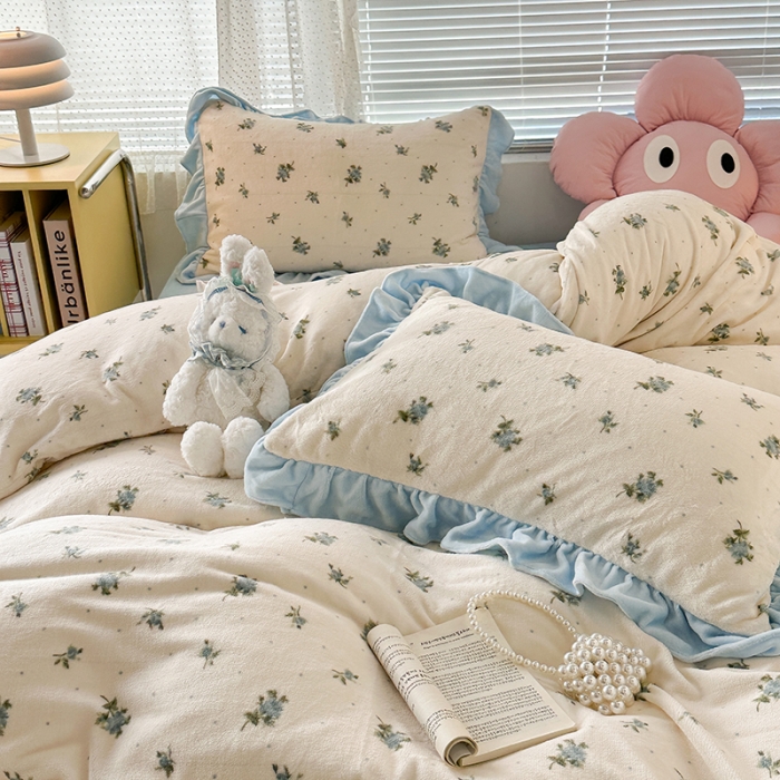 91家纺网 家纺一手货源 找家纺 昔可 2023新款韩系ins花边款牛奶绒四件套 西西里碎花